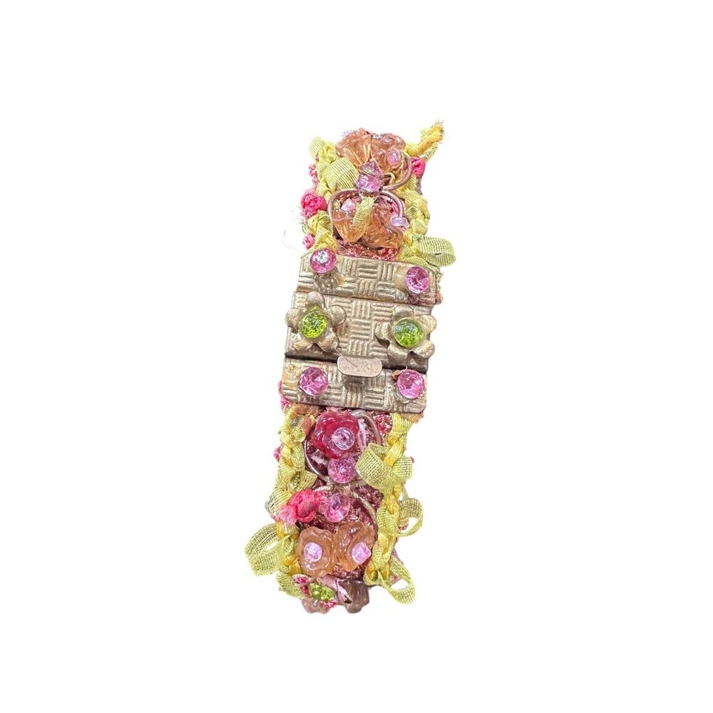 Vintage Beaded Bracelet With Brass Clasp Pink & Green Glass Beads Ribbon Details - Picture 9 of 10